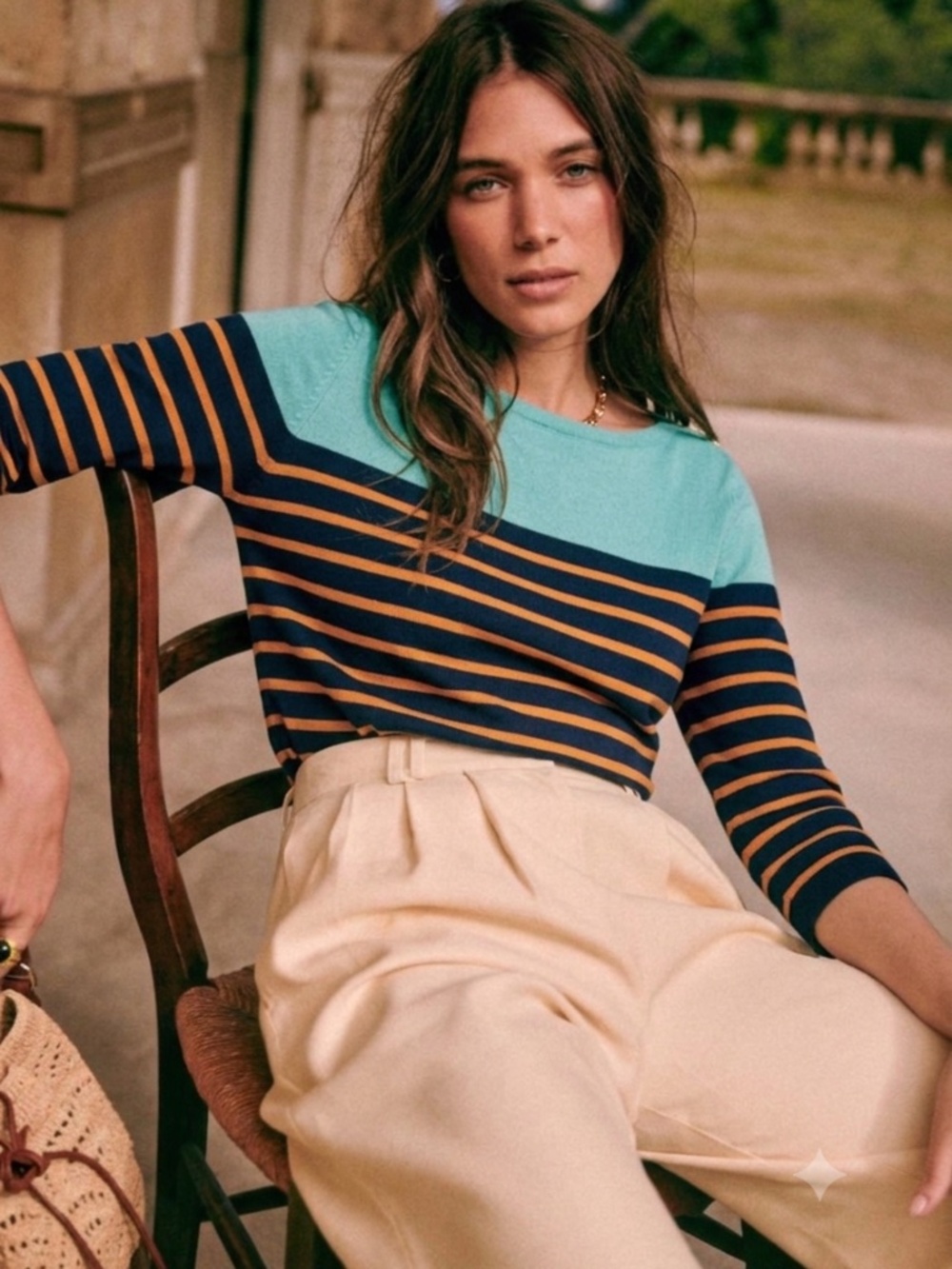 J. McLaughlin Teal, Navy & Orange Striped Boatneck Top 3/4 Sleeves - Size S